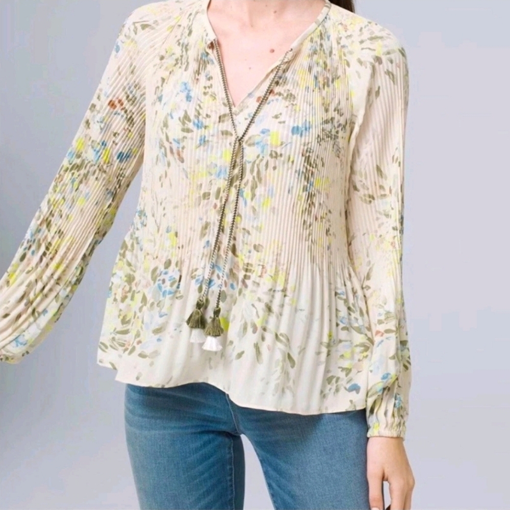 WHBM Floral Popover Blouse Womens Mediym Ivory Yellow Long Skeeve Career Top